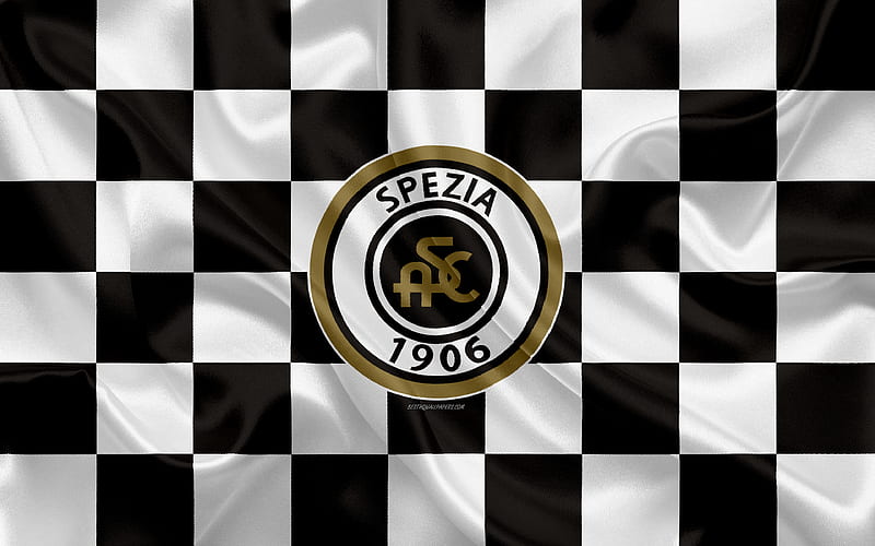 Spezia Calcio logo, creative art, white black checkered flag, Italian football club, Serie B, emblem, silk texture, La Spezia, Liguria, Italy, football, Spezia FC, HD wallpaper