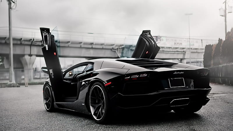 Black Lamborghini Aventador Doors Up, lamborghini-aventador, lamborghini, carros, HD wallpaper