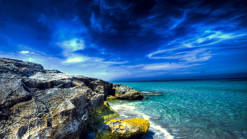 blue skies over a rocky seacoast, rocks, cost, sky, sea, blue, HD wallpaper
