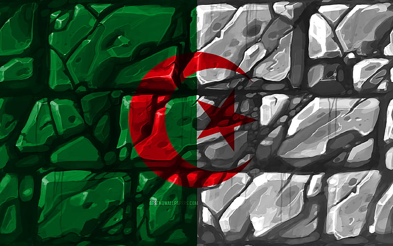 Algerian flag, brickwall African countries, national symbols, Flag of Algeria, creative, Algeria, Africa, Algeria 3D flag, HD wallpaper