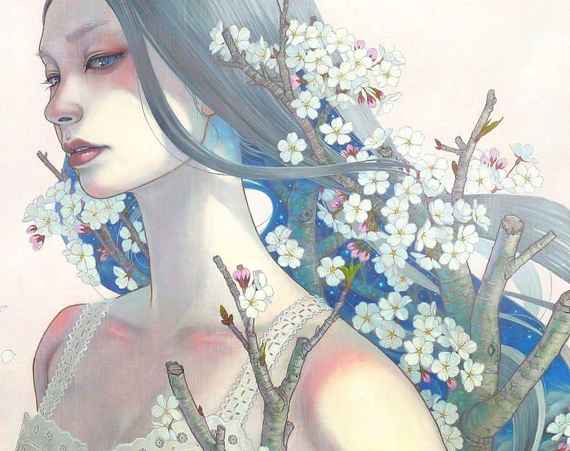 Spring beauty, sakura, art, luminos, woman, branch, blossom, fantasy, girl, flower, asian, chalk, white, mihohirano, blue, HD wallpaper