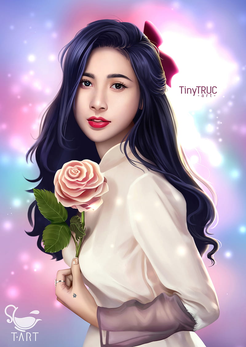 TiNy Truc, portrait display, looking at viewer, women, white dress, white clothing, hair ribbon, Pink ribbon, red lipstick, pink lipstick, black hair, open mouth, juicy lips, digital painting, pink roses, rose, roses, artwork, leaves, dress, singer, digital art, purple hair, long hair, black eyes, fan art, hand on chest, portrait, colorful, Thuy Tien, ArtStation, HD phone wallpaper