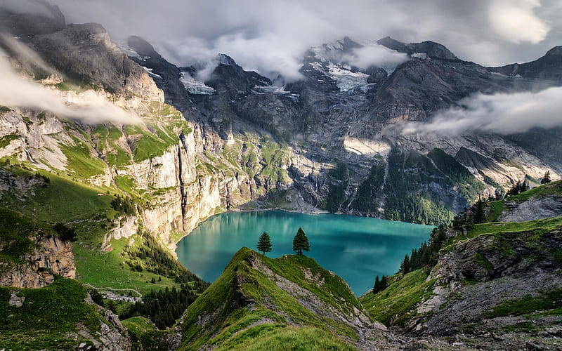 glacial lake, mountain landscape, rocks, mountain lake, clouds, mountains, HD wallpaper