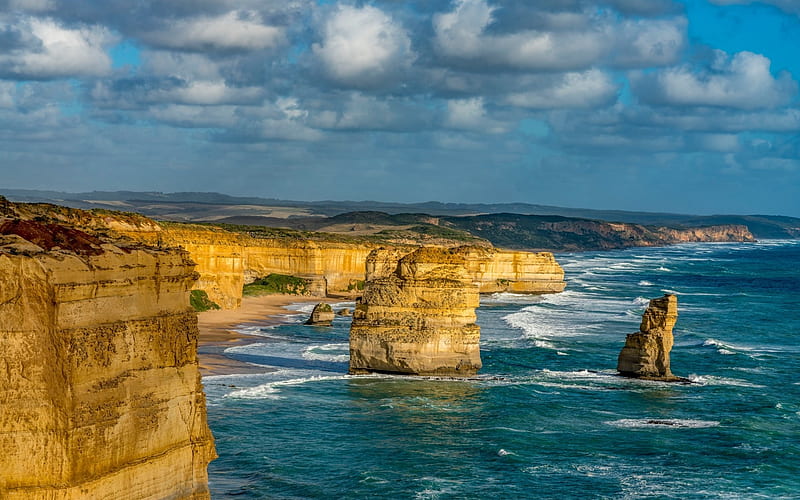Australia, rocks, sun, the Great Road General Description of Ocean, surf, Victoria is, sky, clouds, sea, sand, coast, HD wallpaper