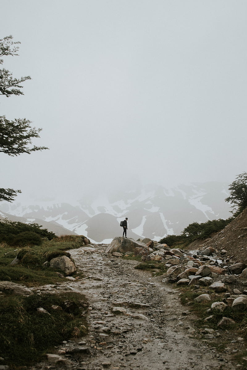 man, alone, mountains, road, fog, HD phone wallpaper