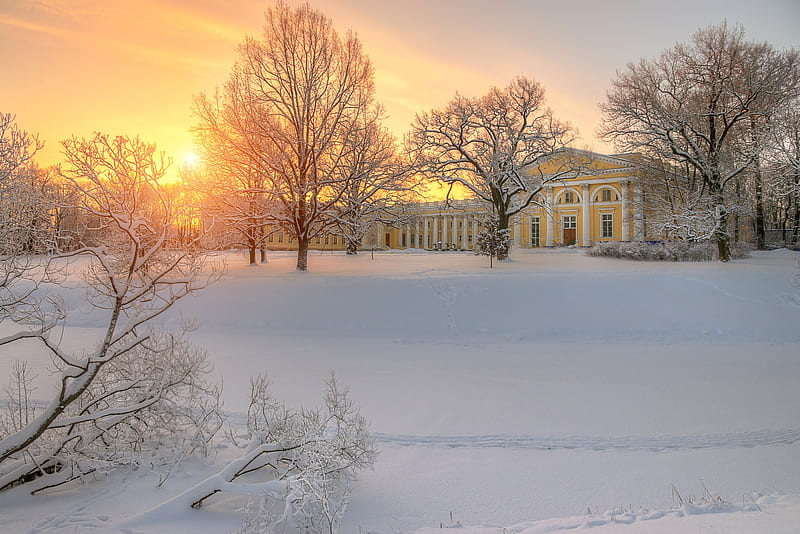 Palaces, Palace, Russia, Saint Petersburg, Snow, Sunset, Winter, HD wallpaper