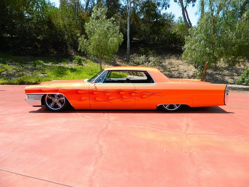 1965 Cadillac Deville, Cadillac, Boat Car, Orange, Burnt Orange Flames, Wheels, Tires, Chrome, 2 Door, Long, Low Rider, Customized, HD wallpaper