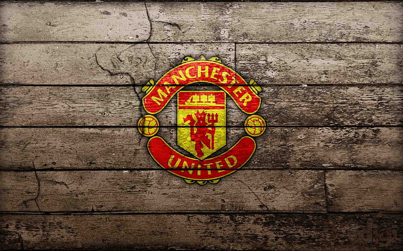 Manchester United, logo, MU, wooden background, HD wallpaper