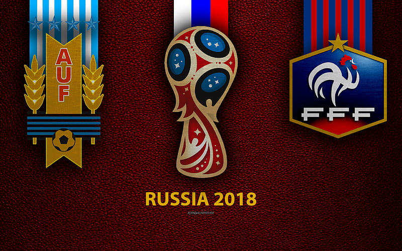 Uruguay vs France, Round 8 leather texture, logo, 2018 FIFA World Cup, Russia 2018, July 6, football match, creative art, national football teams, HD wallpaper