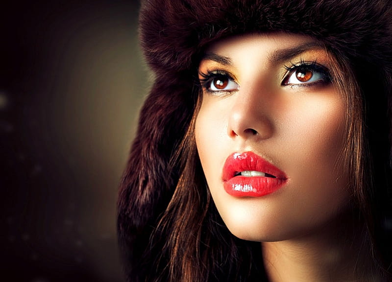 Beauty, red, model, brown, woman, lips, anna subbotina, winter, hat, girl, fur, HD wallpaper