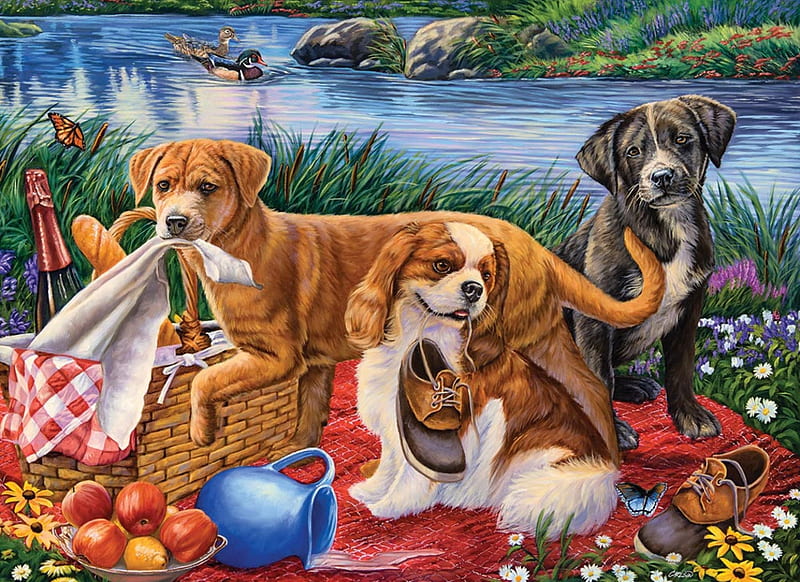 Picnic, cute, art, food, caine, funny, dog, puppy, fruit, HD wallpaper