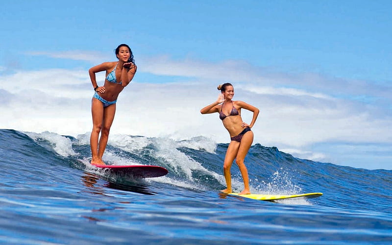 Surfers Catching a Wave, girls, surfing, wave, bikini, HD wallpaper