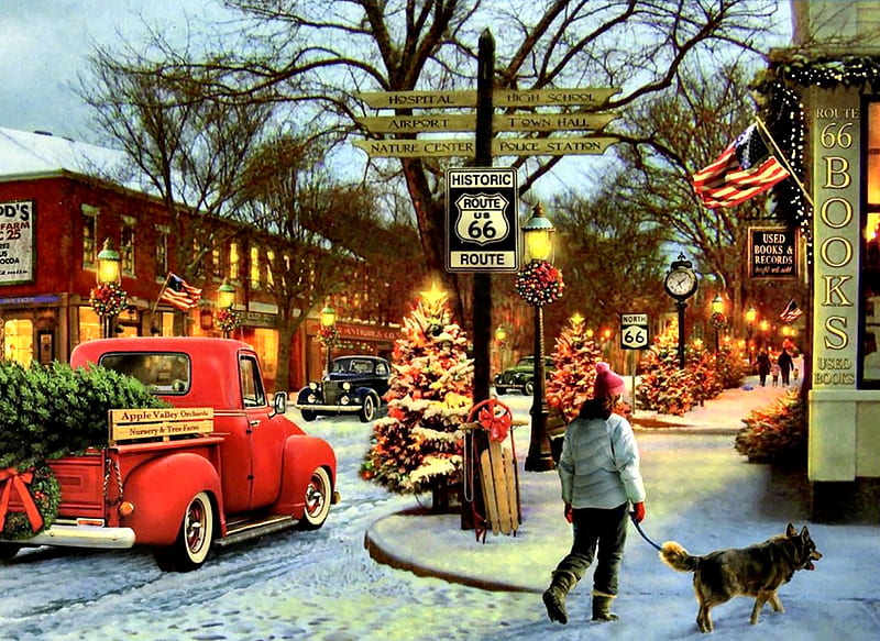 Route 66 Christmas F1, Christmas, art, route 66, holiday, December, bonito, illustration, artwork, winter, snow, painting, wide screen, occasion, scenery, HD wallpaper