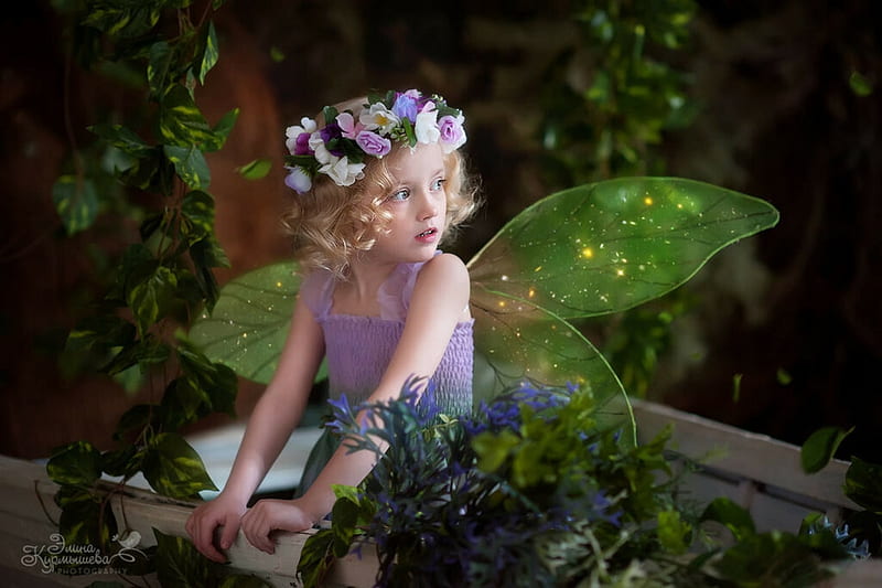 Fairy, wings, fantasy, green, flower, copil, child, wreath, cute, girl ...