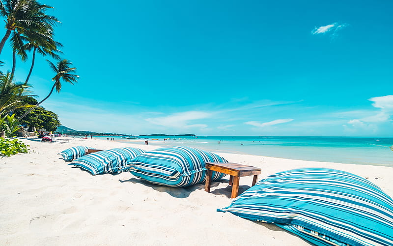 tropical island, beach, white sand, large pillows, ocean, tourism, palm trees, HD wallpaper