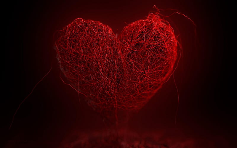 red heart art, 3d heart, creative, string heart, HD wallpaper