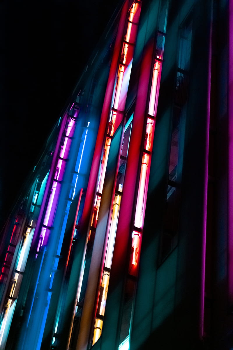 building, neon, signage, blur, dark, HD phone wallpaper