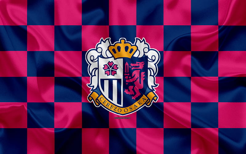 Cerezo Osaka logo, creative art, pink blue checkered flag, Japanese football club, J1 League, J League Division 1, emblem, silk texture, Osaka, japan, football, C-Osaka, HD wallpaper