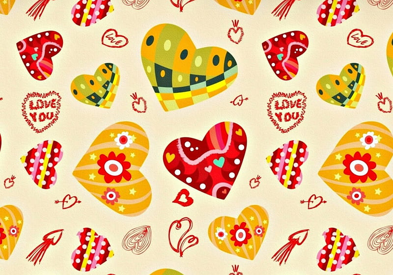 Pattern, red, yellow, valentine, retro, green, heart, texture, vintage, HD wallpaper