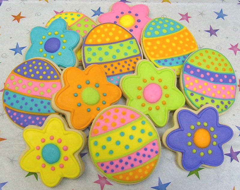 ✿ Easter cookies ✿, stars, joyful, colorful, wonderful, yellow, easter, treats, cookies, green, polka dots, love, eggs, siempre, flowers, pink, blue, HD wallpaper