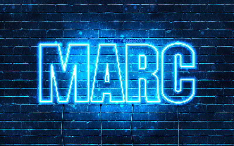 Marc with names, horizontal text, Marc name, Happy Birtay Marc, blue neon lights, with Marc name, HD wallpaper