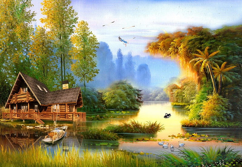 Peaceful place, silent, hut, house, grass, cottage, cabin, calm, painting, river, fishing, art, quiet, sky, trees, lake, pond, water, serenity, peaceful, nature, refelction, wooden, HD wallpaper