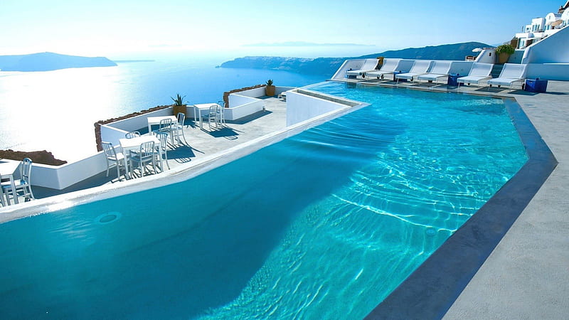 beautiful pool on santorini island, chairs, sun, pool, sea, HD wallpaper