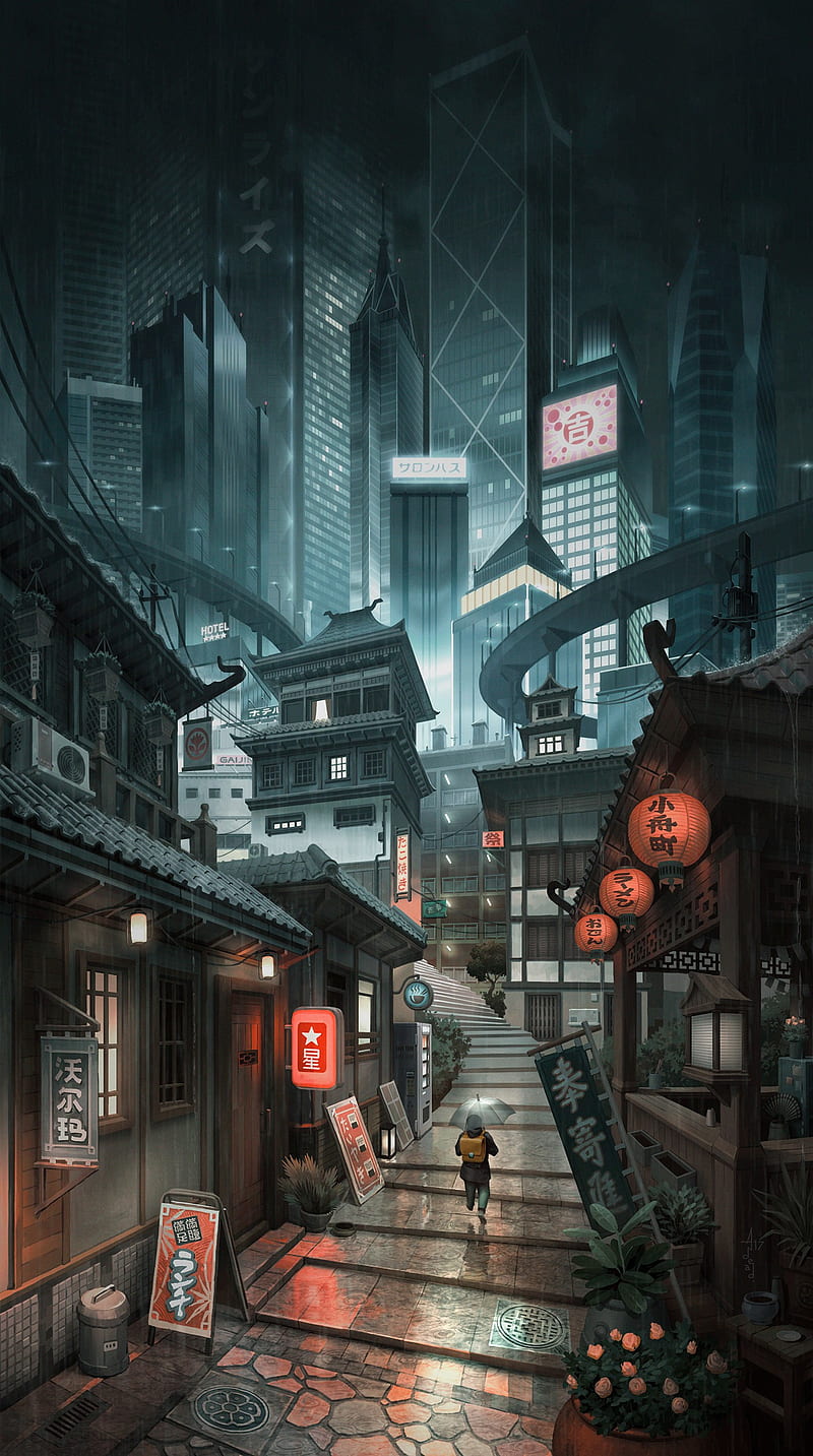 cityscape, artwork, skyscraper, alleyway, city, japan, Andrey Maximov, Tokyo, street, house, lantern, rain, backpacks, umbrella, plants, stairs, HD phone wallpaper