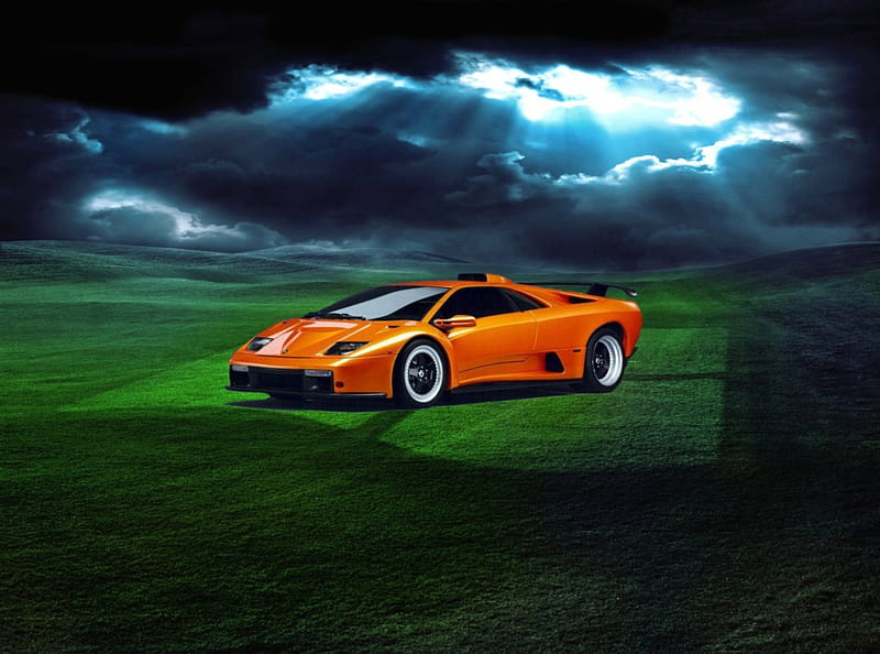 Orange car, nice style, cloudy sky, flash lights, orange color, HD wallpaper