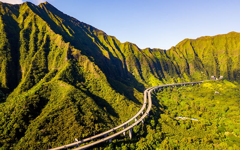 The Lost Cliffs of Oahu road, mountains, Hawaii, Oahu, USA, America, HD wallpaper