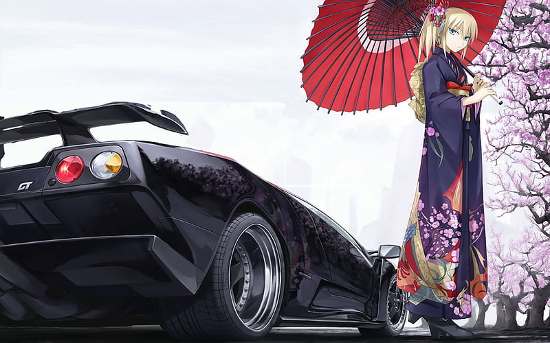 Cute girl with a Hot Car, stunning, umbrella, yellow, clouds, lambourgini, lights, flowers, beauty, anime girl, sakura, pink flowers, black, sakura petals, sky, sexy, trees, cute, cool, awesome, red, gt, boots, sports car, bonito, cherry blossoms, clourful, car, hot, pink, blue eyes, blue, blonde hair, kimono, nature, HD wallpaper