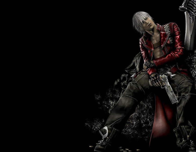 Dante, games, boots, white hair, video games, devil may cry, gun, anime, sword, male, weapons, trench coat, cool, lone, black background, sitting, plain background, dmc, HD wallpaper