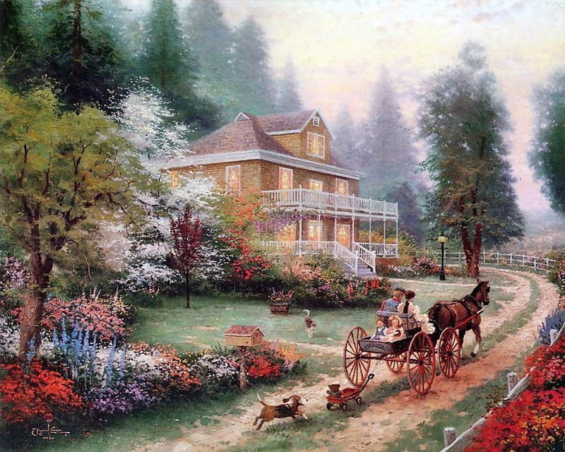 Horse and Carriage, art, pathway, cottage, garden, horse, dogs, carriage, thomas kinkade, HD wallpaper