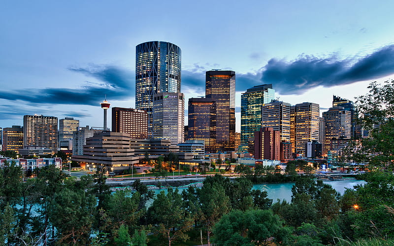 Calgary downtown, skyline, Calgary Tower, evening, Canada, HD wallpaper