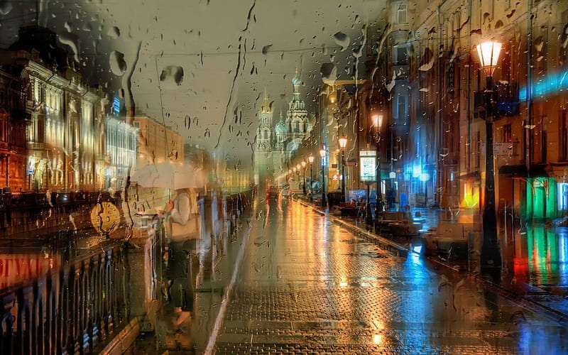 night, city, raindrops, HD wallpaper