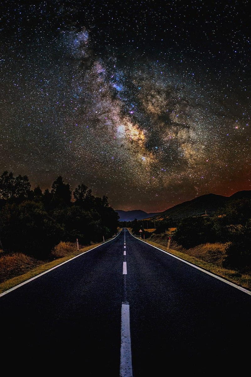 road, black, highway, massacre, nature, night, sky, stars, white, HD phone wallpaper