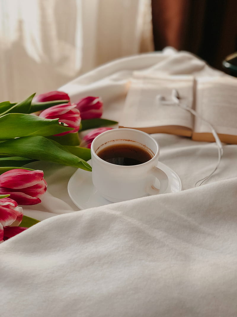 coffee, cup, tulips, book, cloth, HD phone wallpaper