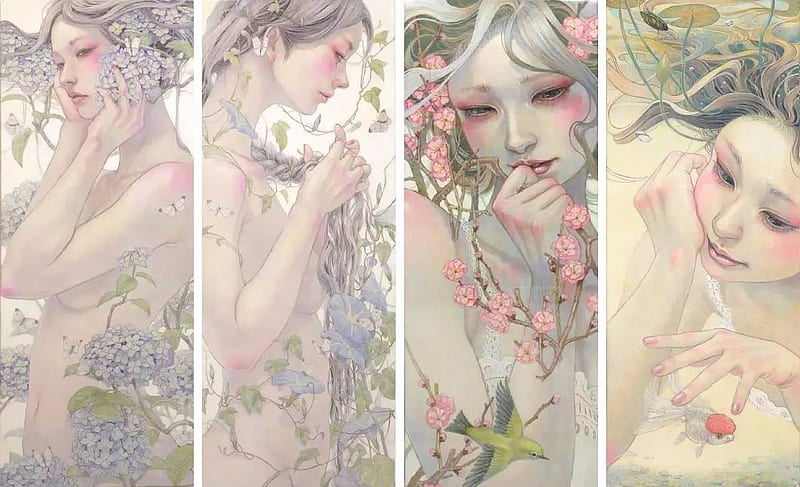 Collage, sakura, art, luminos, spring, draw, fantasy, girl, chalk, mihohirano, pink, HD wallpaper