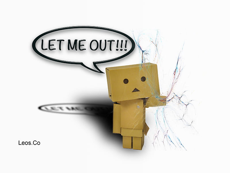 LET ME OUT!!!, cracked, broken screen, background, box, background, robot, danbo, box robot, leos co, danbo background, box man, screen, cracked screen, bubble, crack, crack screen, broken, man, danbo , let me out, boxes, text bubble, computer, white, HD wallpaper