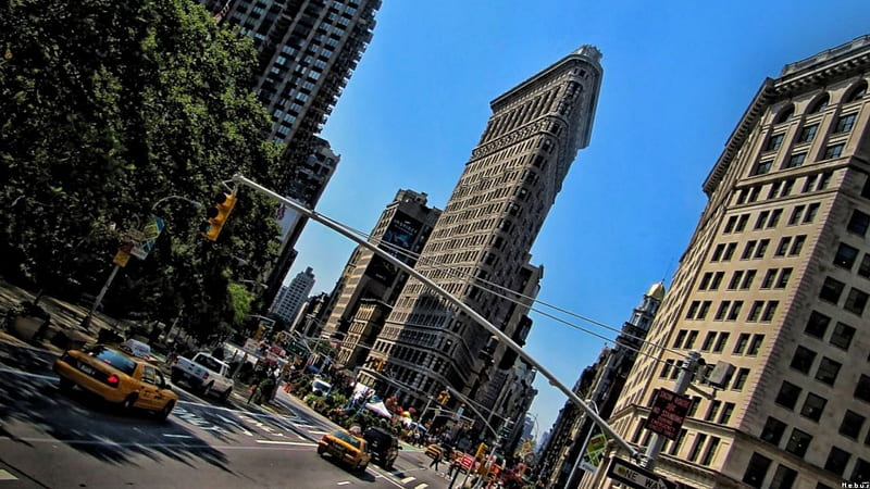 unique flatiron building in manahattan, city, traffic, buildings, streets, trees, HD wallpaper