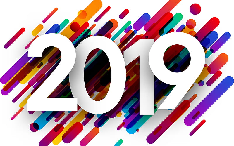 Happy New Year 2019, white digits, creative, 2019 year, abstract art, 2019 concepts, colorful lines, HD wallpaper