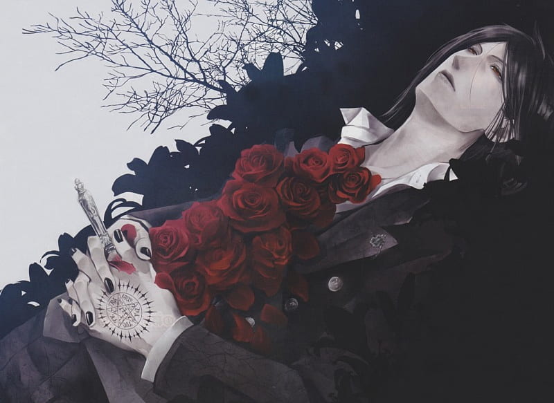 Sebastian Michaelis, kuroshitsuji, demon, anime, sebastian, black butler, roses, michaelis, HD wallpaper