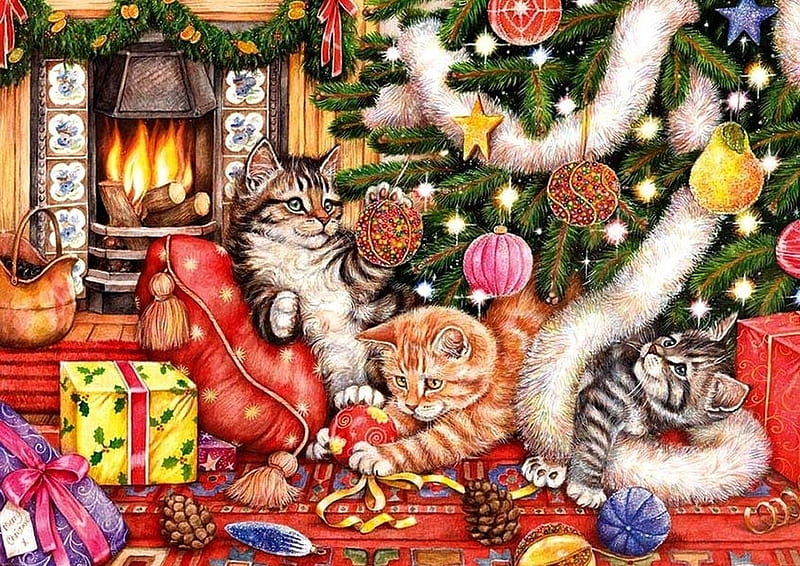 cats-art-cute-year-kitten-cat-animal-decoration-box-tree-christmas-new-painting-gift-holiday, Speilzeug, Offen, Deutschland, Weihnachten, Geschenke, Baum, Katze, HD wallpaper