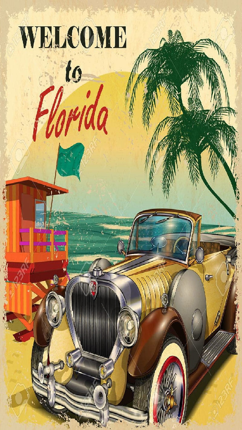 Welcome to FL, welcome, antique, sign, vintage, florida, vacation, old, car, HD phone wallpaper