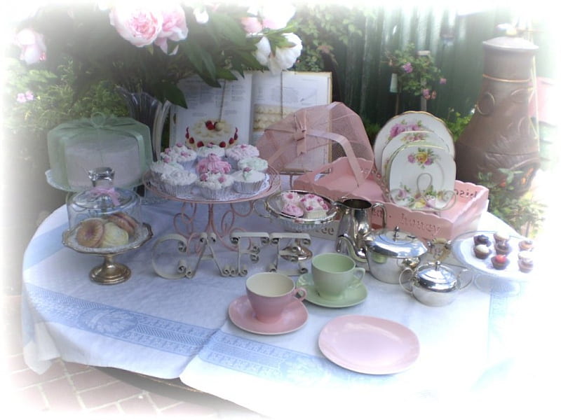 garden tea party, garden, still life, table setting, tea party, HD wallpaper