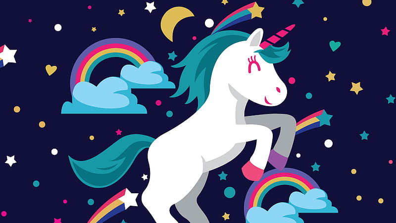unicorn, rainbows, digital art, happy, Fantasy, HD wallpaper