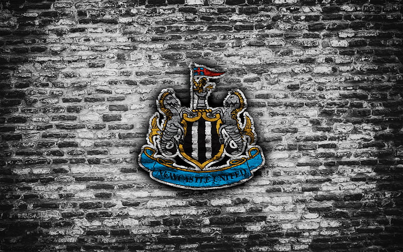 Newcastle United FC, logo, white brick wall, Premier League, English football club, soccer, football, brick texture, Newcastle upon Tyne, England, HD wallpaper
