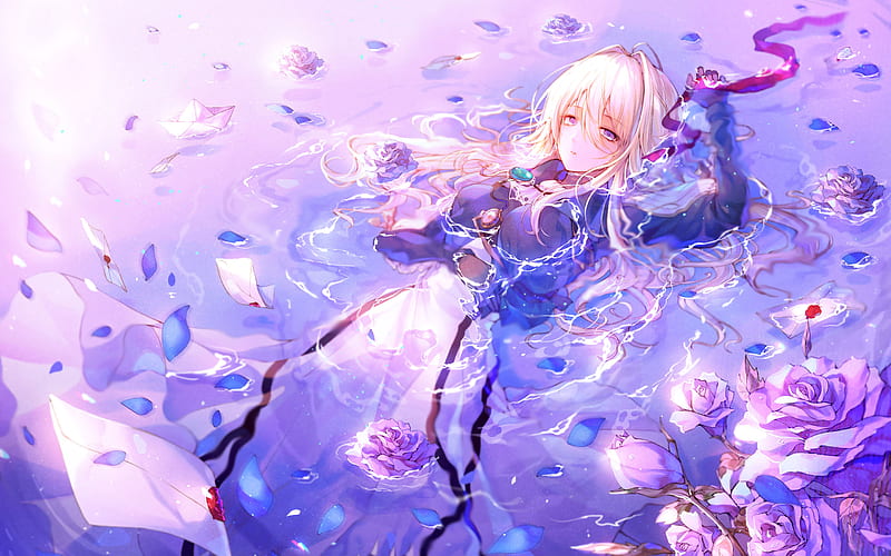Violet Evergarden, flowers, manga, anime characters, art, HD wallpaper