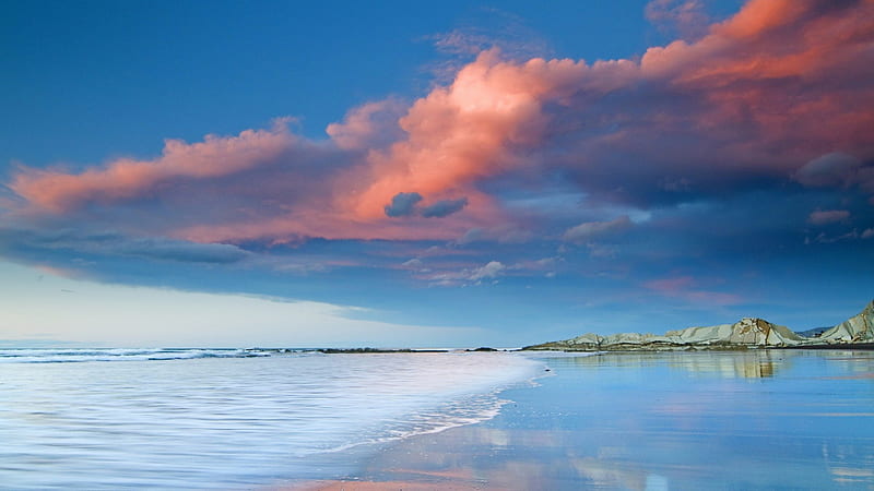 vast beach under clouds at sunset, beach, rocks, sunset, clouds, sea, HD wallpaper
