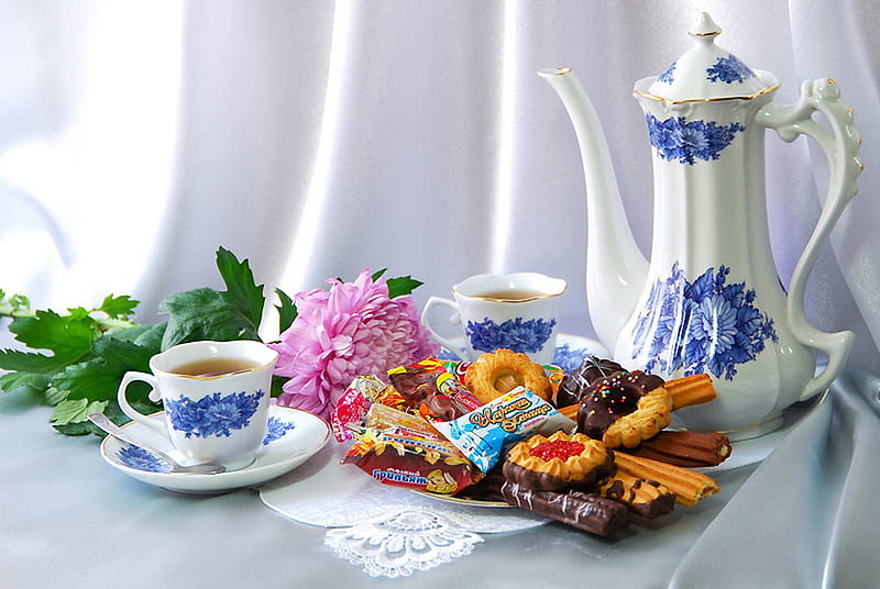 Sweet Sharing, table, food, curtain, tablecloth, teapot, saucers, coffee, flowers, cups, HD wallpaper